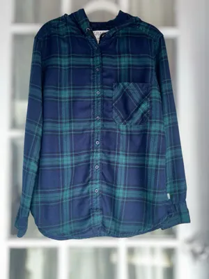 Garage Women's Medium Blackwatch Plaid Flannel Hooded Boyfriend Fit Shacket thumbnail 13