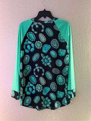 Crazy Train Turquoise Jewelry Print Western Boutique Raglan Top Medium M Cowgirl thumbnail 9