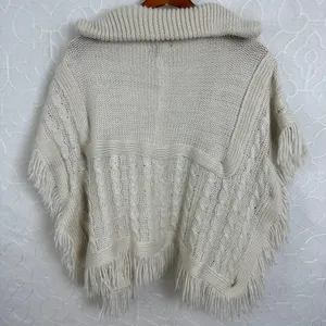 Madden NYC Womens Ruana Sweater OS Cream Open Front Fringe Cable Knit Poncho thumbnail 7