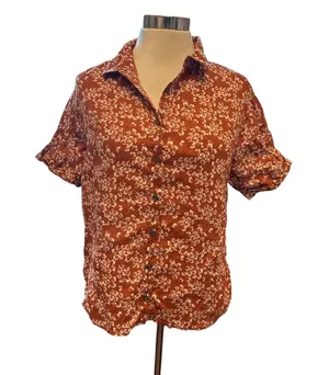 Rachel Zoe Rust Floral Short-Sleeve Button-Down Shirt 100% linen Size Small thumbnail 1