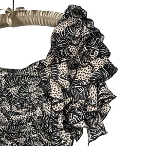 ZARA Blouse Small Tiger Animal‎ Print Ruffle Square Neck Ruched Statement RARE thumbnail 2