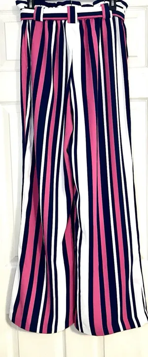 Express SzM High Rise Striped Paperbag Wide Leg Pants Pink Navy White thumbnail 12