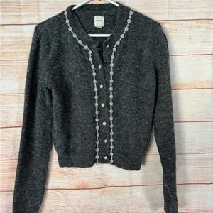 Maeve Dark Gray Crewneck Cardigan with Silver Sequin Trim thumbnail 2
