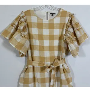 Who What Wear Womens M Mustard Yellow Gingham Cotton Ruffle Sleeve Mini Dress thumbnail 6