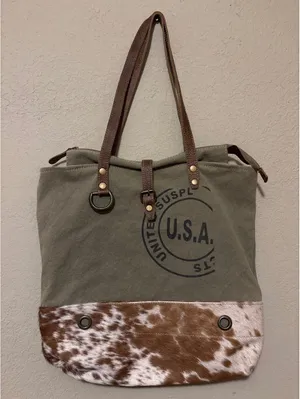 Myra Bag Canvas and Faux Fur Tote Shoulder Bag with USA Print thumbnail 1