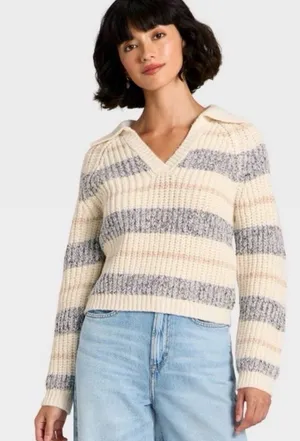 Universal Thread Striped Knit Collar Sweater thumbnail 1