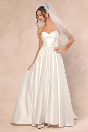 NWT Lulus Khalida White Satin Pleated Strapless Gown Wedding Bridal Dress Sz S thumbnail 1