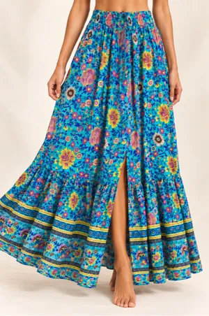 HOTOUCH XL Turquoise Floral Maxi Skirt Tiered Ruffle Slit Cottagecore Boho Flowy thumbnail 1