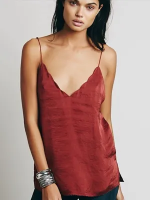 Free People • Sensual Satin Scallop Deep V Cami top tank Burnt Earth rust red thumbnail 8