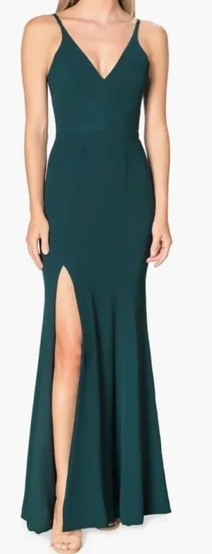 NWOT Dress the population IRIS slit crepe maxi gown v neck size L peacock blue thumbnail 1
