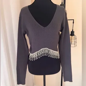 Zara Rhinestone Fringe Crop Top Gray Ribbed Y2K Going Out Party Top Size L thumbnail 3