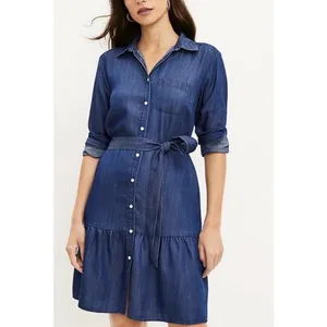 LOFT Chambray Flounce Shirt Dress Tie Waist Long Sleeve Blue Women Large Coastal thumbnail 2
