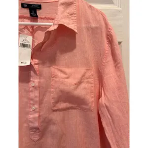 Gap Womens Boyfriend Fit Popover Shirt Coral Pink White Stripe Cotton‎ Large NWT thumbnail 2