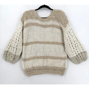 Handmade Crochet Knit Sweater Women Ivory Beige Balloon Sleeve Boho Coastal Chic thumbnail 2