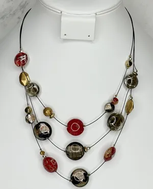 Chico's Black and Red Beaded Triple Strand Wire Gold Tone Necklace ✨ thumbnail 1