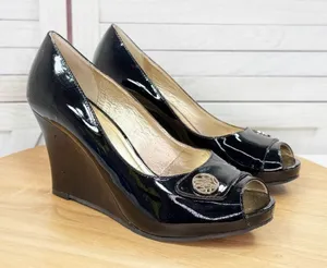 Lilly Pulitzer Patent Leather Peep Toe Wedge‎ Heels Black 36.5 US 6 thumbnail 1
