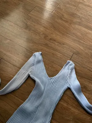 Ribbed V-Neck Long Sleeve Maxi Dress - Light Blue thumbnail 2