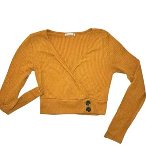 Active USA Ribbed Mustard Wrap Front Soft Crop Top Mustard Y2K Long Sleeve Small thumbnail 3