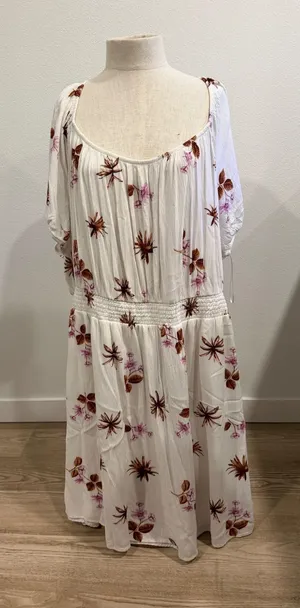 Dip Floral Smocked Waist Midi Dress White Brown Purple Short Sleeve Womens 3X thumbnail 1
