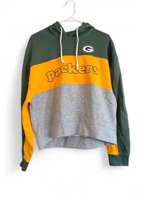 NWOT NFL Green Bay Packers Women’s Color Block Cropped Hoodie Med thumbnail 1