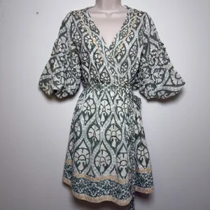 Anthropologie‎ Ash Eden Women 100% Cotton Mini Wrap Dress XS Green Cottage Party thumbnail 3