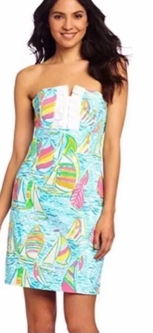 Lilly Pulitzer Franco Dress in You Gotta Regatta Ruffle Back Tie Strapless Dress thumbnail 1