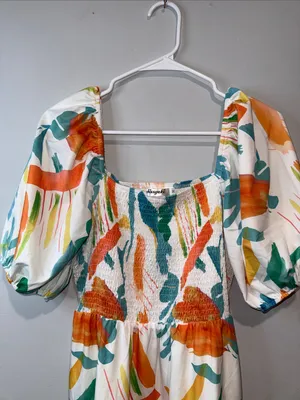 Smocked Puff-Sleeve Midi Dress in White with Orange & Teal Print thumbnail 6