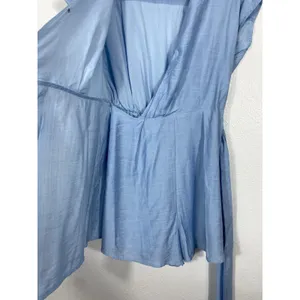 Lilyful Blue Solid Wrap V-Neck Tie Waist Lined Cap Sleeve Romper S Rayon thumbnail 7