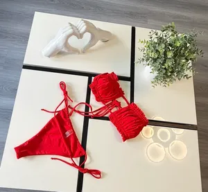Red Boho Style Ruched Crop Top Bikini Set - Adjustable Straps - Size Small thumbnail 4