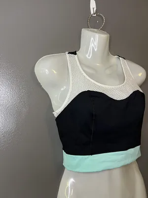 Bebe Sport Tank Top Womens Medium Black White Mint Mesh Colorblock Cropped thumbnail 2