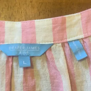 Draper James top Large Pink White Stripes Linen cotton blend square neck smocked thumbnail 2