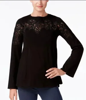 Embroidered black jersey blouse thumbnail 1