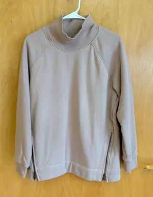 Athleta Cozy Karma Side Zip Funnel‎ Neck Sweatshirt Taupe M thumbnail 1