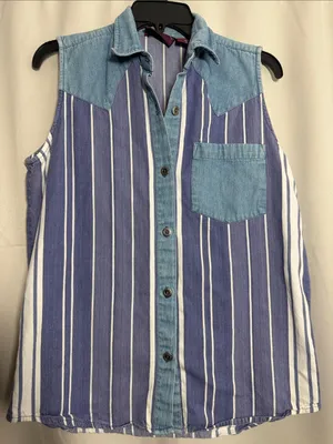 VTG Gordon & James Sleeves Denim Striped Button Down Aztec Western Top Medium thumbnail 1
