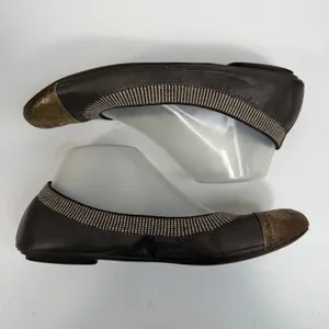 Tory Burch Sz 8.5 Gabby Ballet Flats Gun Metal Leather Gold‎ Cap Toe Logo Shoes thumbnail 3
