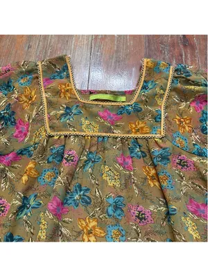 Rapsodia Boho Floral Mini Dress Square Neck Gold Beaded Trim Size S Puff Sleeve thumbnail 2