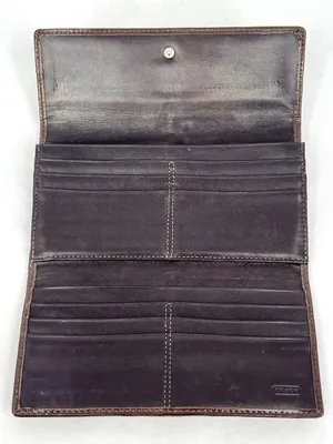 Coach Signature Canvas Khaki Jacquard Brown Leather Trifold Snap Closure Wallet thumbnail 4