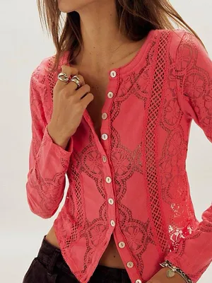 NEW Free People Coral Button-Front Lace Trim Long-Sleeve Top thumbnail 1