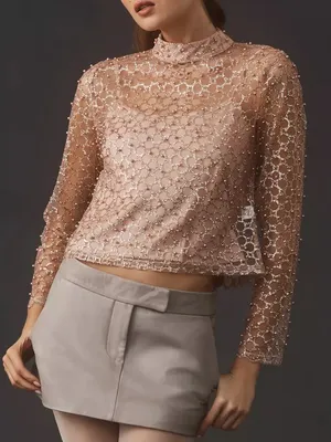 Anthropologie Blue Tassel Sheer Pearl Embellished Glittery Top size Large thumbnail 1