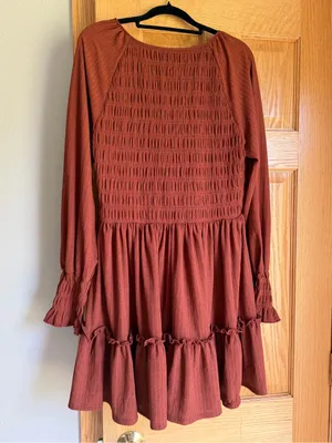 Altar’d State Smocked V-Neck Tiered Ruffle Mini Dress Rust Brown Orange Boho M thumbnail 2