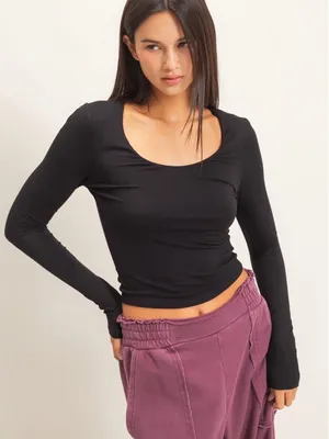 NEW Double Zero Black Scoop Neck Long Sleeve Top – Large thumbnail 2