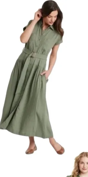 Universal Threads Green Button-Front MidiShirt Dress w/Belt Women’s Size XL Linen thumbnail 1
