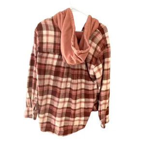 American Eagle Outfitters Womens Mauve Plaid Hooded Flannel Shirt Medium Fall thumbnail 4