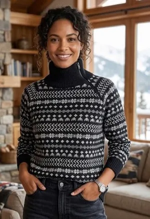 Lou & Grey‎ Women's S Fair Isle Zip Turtleneck Sweater Black White Nordic Winter thumbnail 1