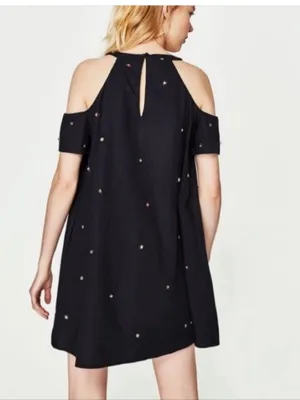 Zara navy blue cold shoulder poplin dress beaded detail XS thumbnail 3