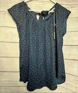 Lauren Conrad Womens Pleated Neck Tie back Short Sleeve Blouse Sz M thumbnail 8