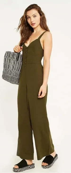 Urban Outfitters Ashley Linen Blend Wide Leg Jumpsuit SM Olive Green NWT thumbnail 1