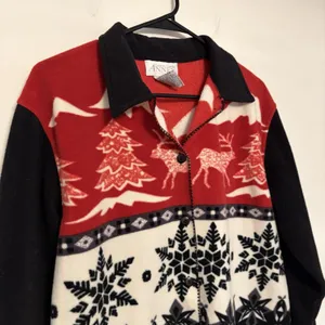 Vintage Fleece Button Up Jacket Collar Small Black Red Winter Reindeer Snowflake thumbnail 4
