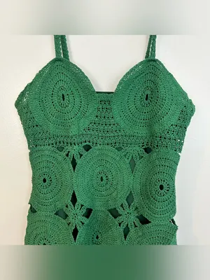 FORE Emerald Green Knit Crochet Sleevless Scallop Cotton Mini Dress Size Large thumbnail 3