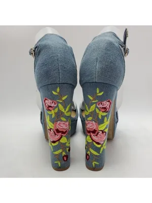Heart in D Blue Denim Floral Embroidered Platform Heels Sandals Size 8 thumbnail 6